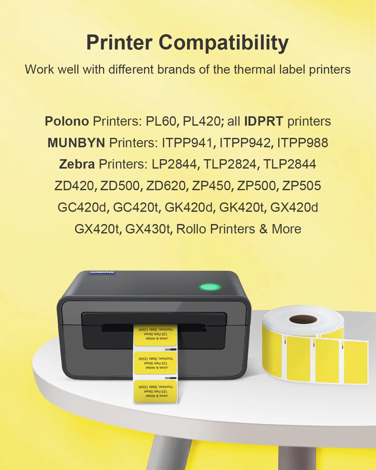 POLONO 2.25”x1.25” Direct Thermal Label, Perforated Sticker Labels for Addresses, UPC Barcodes, Adhesive Multipurpose Compatible with Zebra, Dymo, Rollo Label Printers, BPA Free (1000 Labels, Yellow) - Image 3