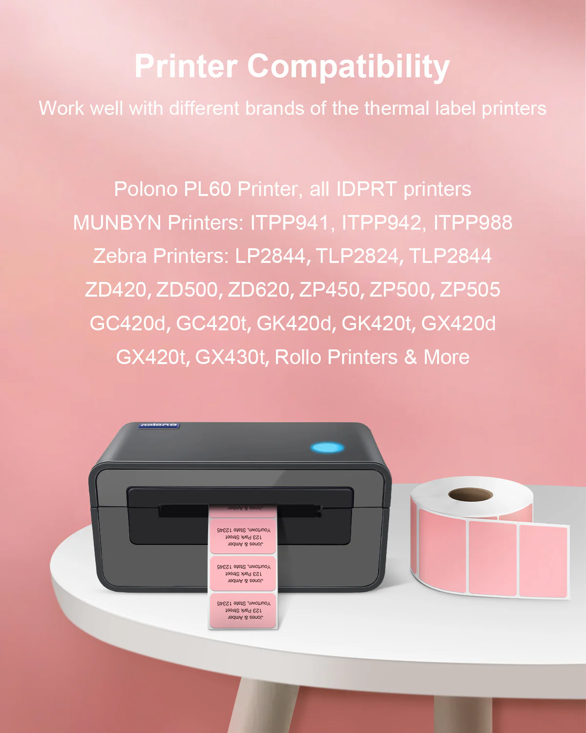 POLONO 2.25”x1.25” Direct Thermal Label, Self-Adhesive Address Shipping Thermal Stickers, UPC Barcodes, Adhesive Multi-Purpose Labels Compatible with Zebra & Rollo Label Printers (1000 Labels, Pink） - Image 3
