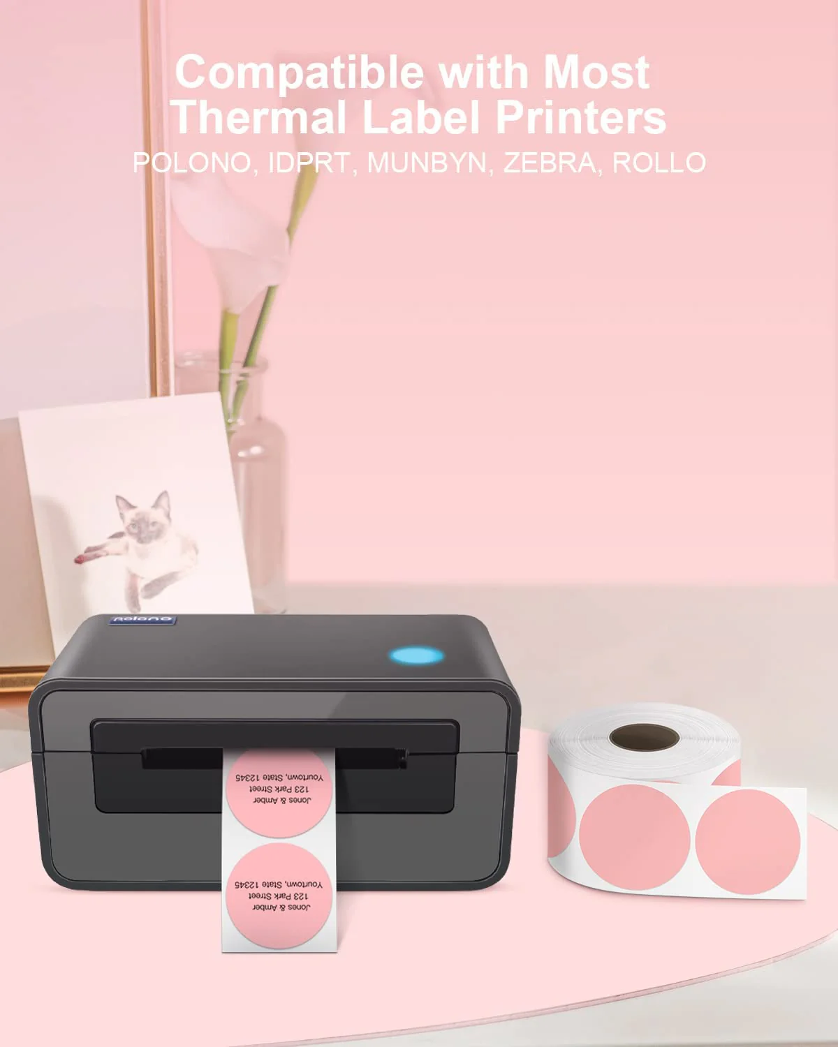 POLONO 2" Pink Circle Direct Thermal Labels, Self-Adhesive Thermal Stickers Labels, Thermal Printer Labels for Address, Shipping, DIY Design, QR Code, Compatible with Munbyn, Zebra, Rollo (750 Labels） - Image 3