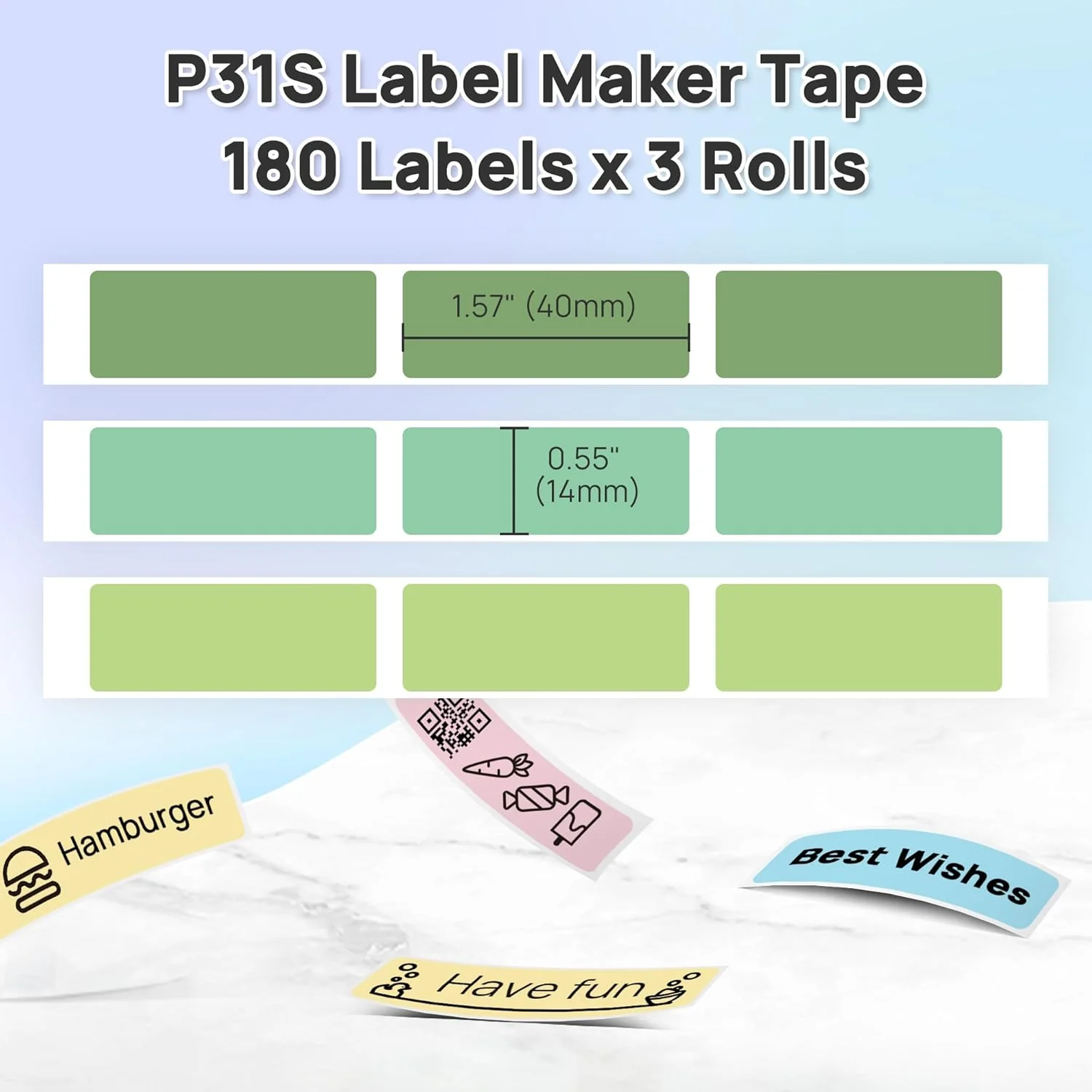 POLONO Genuine P31S Label Maker Tape, Labels Refill for Home/Office, 14x40mm(0.55"x1.57"), Compatible with P31S Label Maker, 540 Labels/3 Roll, Light Green/Green/Dark Green - Image 2